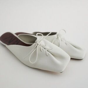 ZARA White Leather Lace-Up Square Toe Mules Slides Size 37